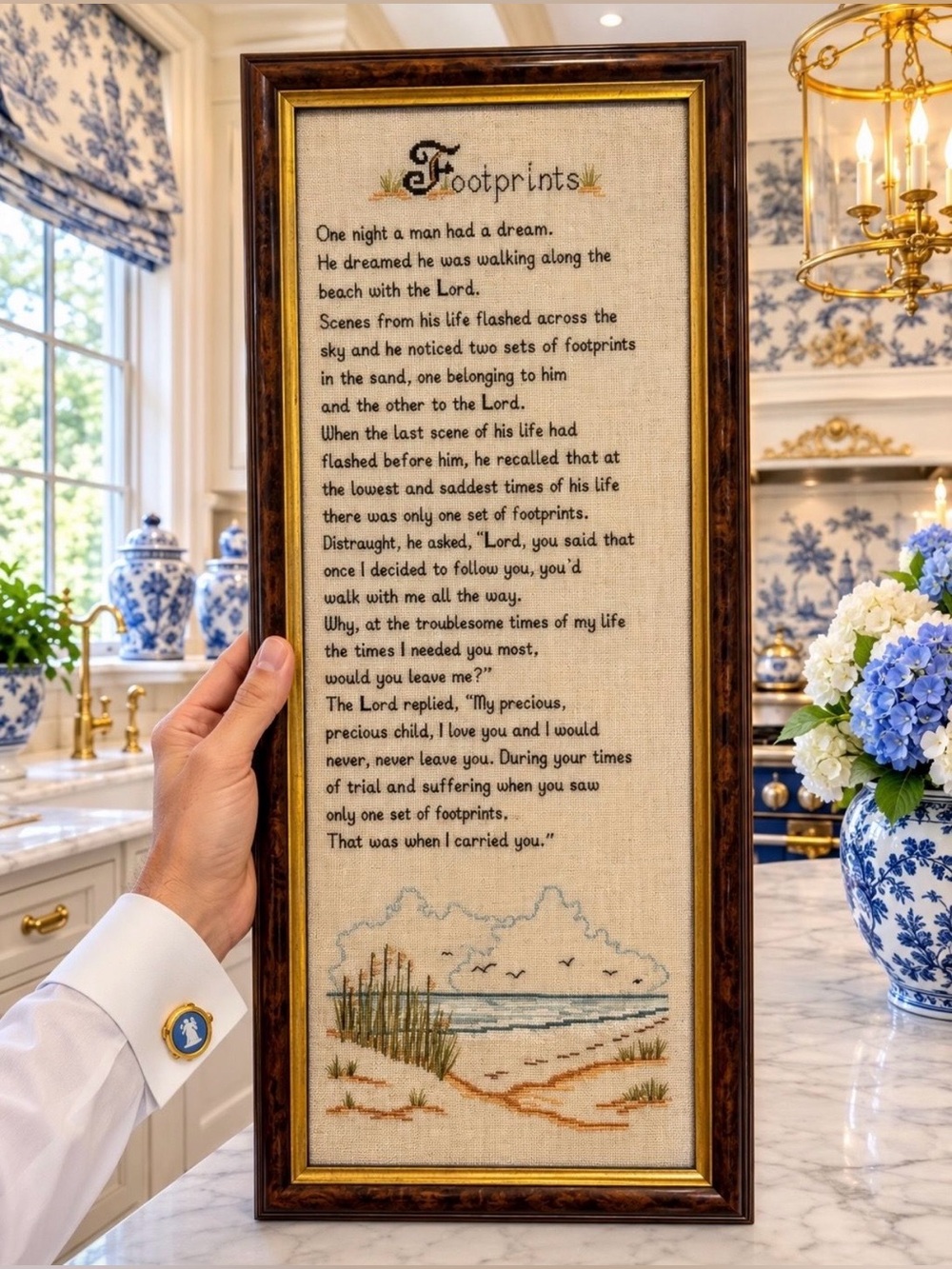 Original Vintage Fine Art Embroidery Cross Stitch Footprints In The Sand Poem